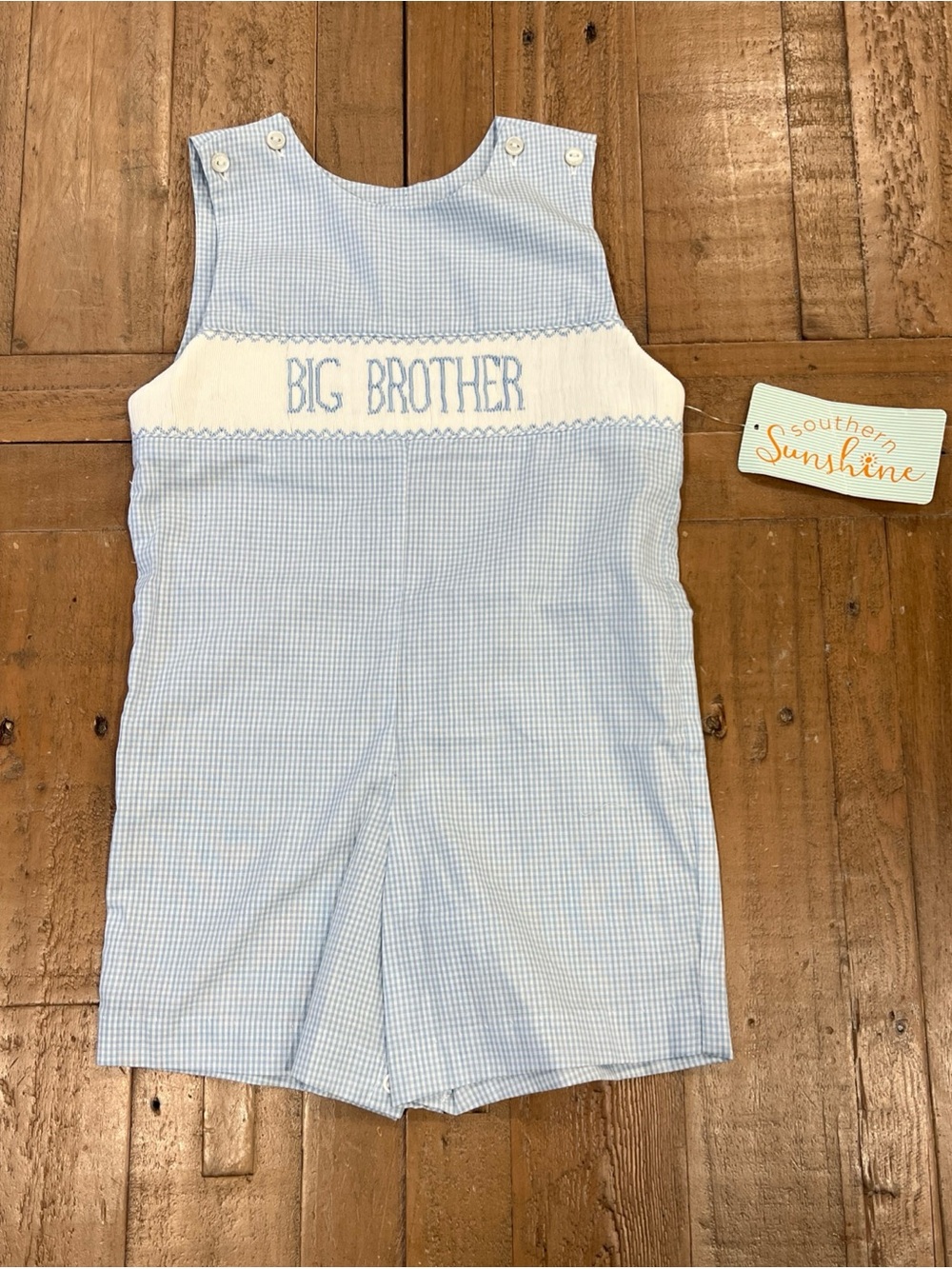 Southern Sunshine Big Brother Smocked Blue Gingham Jon Jon One Piece Romper 24m